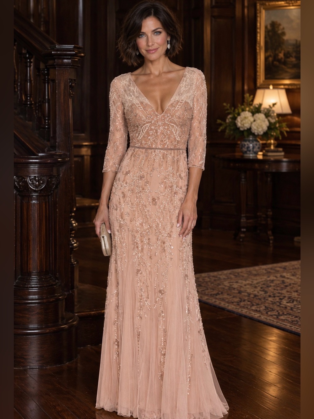Adrianna Papell Beaded Floral Scroll Mesh Gown 3/4 Sleeve Size 8